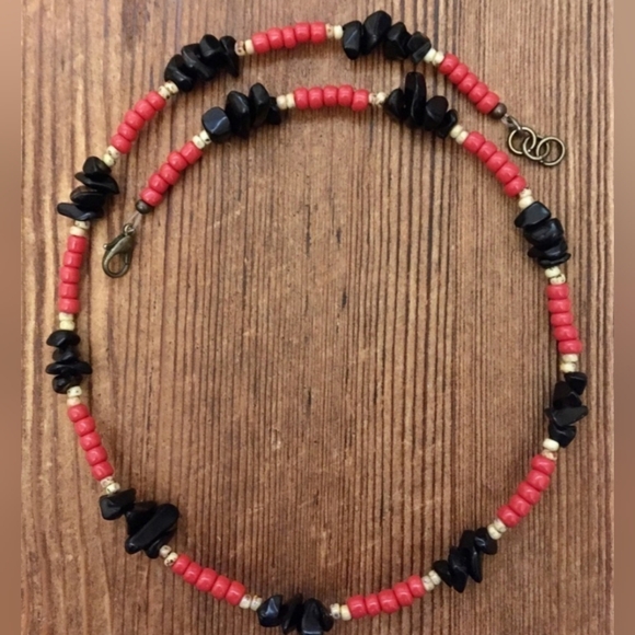 Hand Crafted Other - Men's Necklace, 18 Inches Long, Red and Black Nuggets /Handmade Men's Necklace